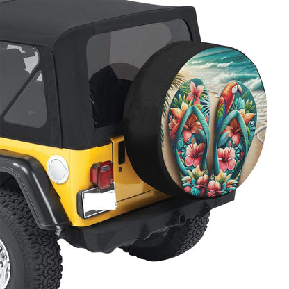 Beach Flip Flops Sun Spare Tire Cover, Ocean Backup Camera Hole Rear Wheel Car Accessories Palm Tree Unique Design Back Aesthetic Men Women