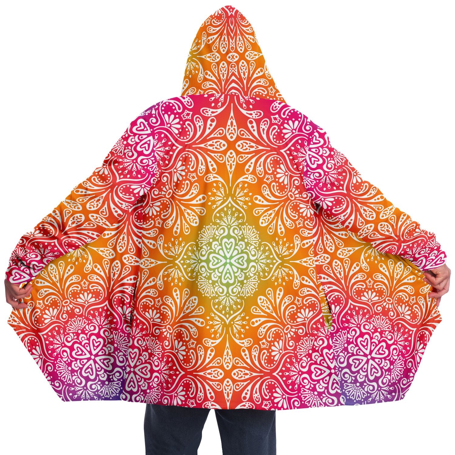 Mandala Hooded Cloak, Ombre Trippy Funky Men Women Modern Winter Warm Mink Blanket Festival Rave Wearable Cape with Pockets Starcove Fashion