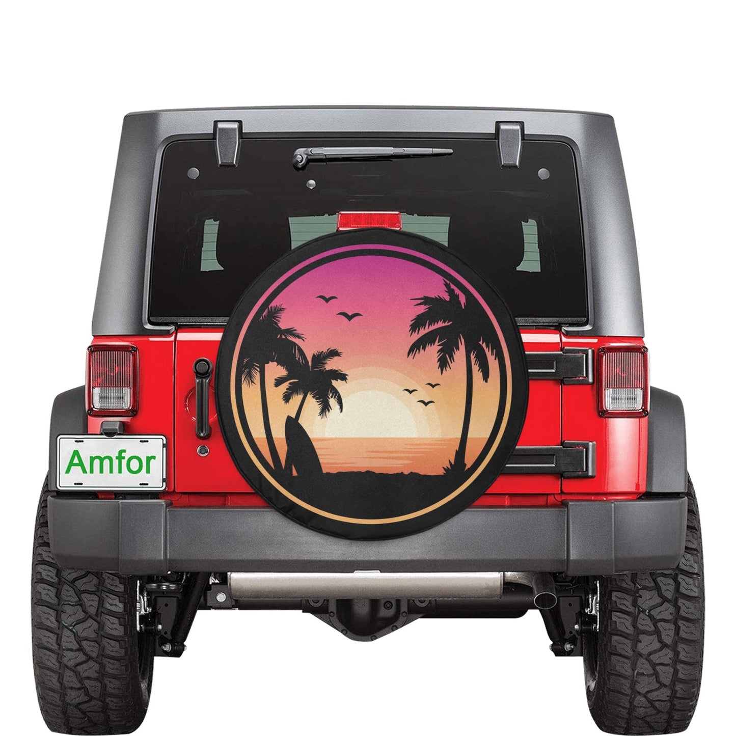 Beach Spare Tire Cover, Sunset Palm Trees Backup Camera Hole Rear Wheel Accessories Sun Tropical  Hawaiian Unique Trailer Camper RV Back