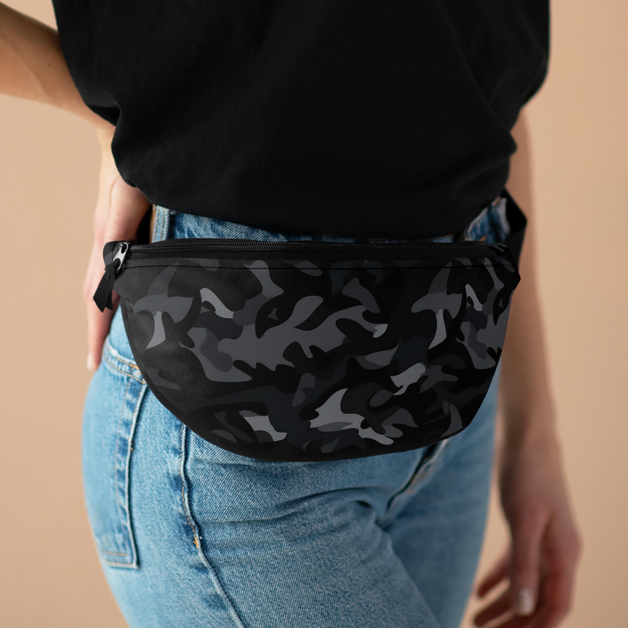Black Camo Fanny Pack, Camouflage Waist Belt Bag Crossbody Women