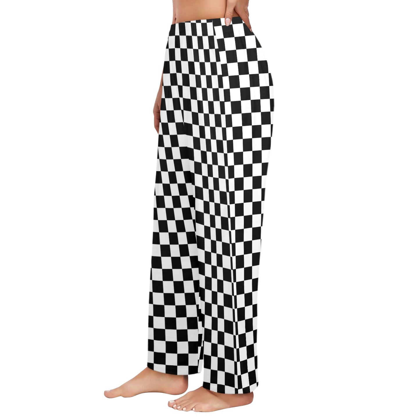 Checkered Women Pajamas Pants, Black White Check Checkerboard Satin PJ Pockets Trousers Couples Matching Ladies Trousers Bottoms