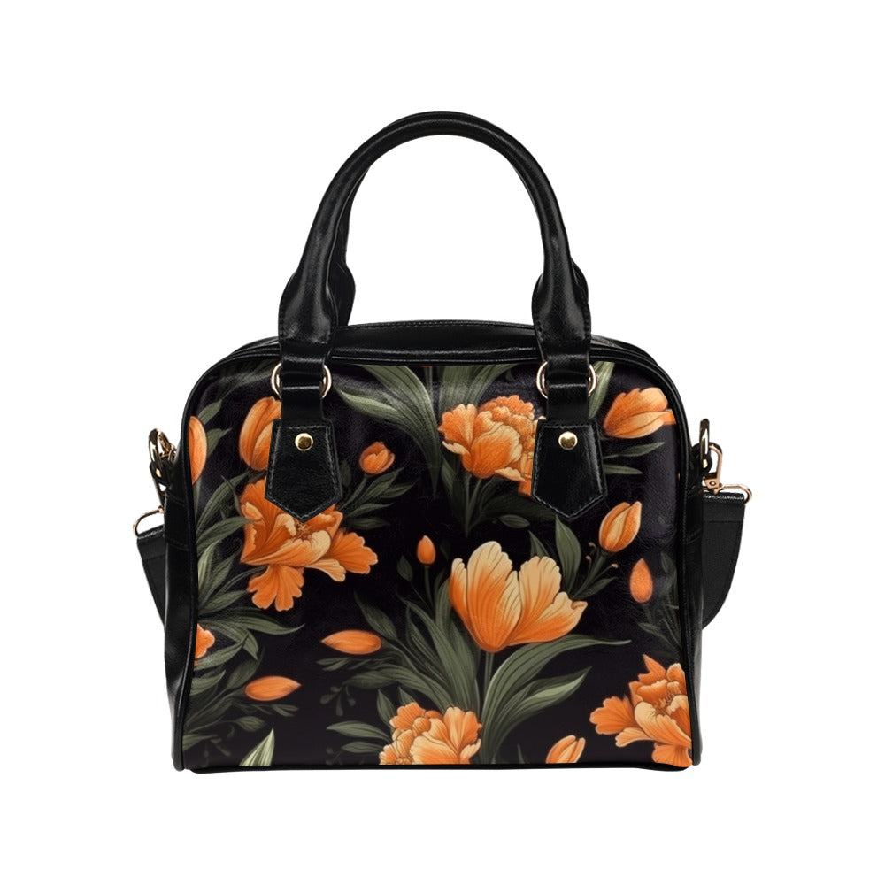 Orange Floral Purse, Flowers Retro Pattern Cute Small Shoulder Zip Bag Vegan Leather Women Designer Handbag Crossbody Ladies