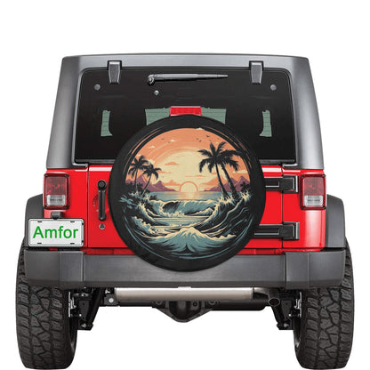 Beach Spare Tire Cover, Sunset Backup Camera Hole Rear Wheel Accessories Sun Tropical Palm Trees Waves Custom Unique Trailer Camper RV Back