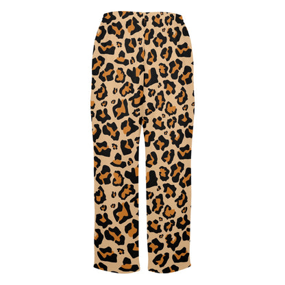 Leopard Print Women Pajamas Pants, Cheetah Animal Brown Pattern Satin PJ Funny Pockets Trousers Couples Matching Ladies Trousers Bottoms