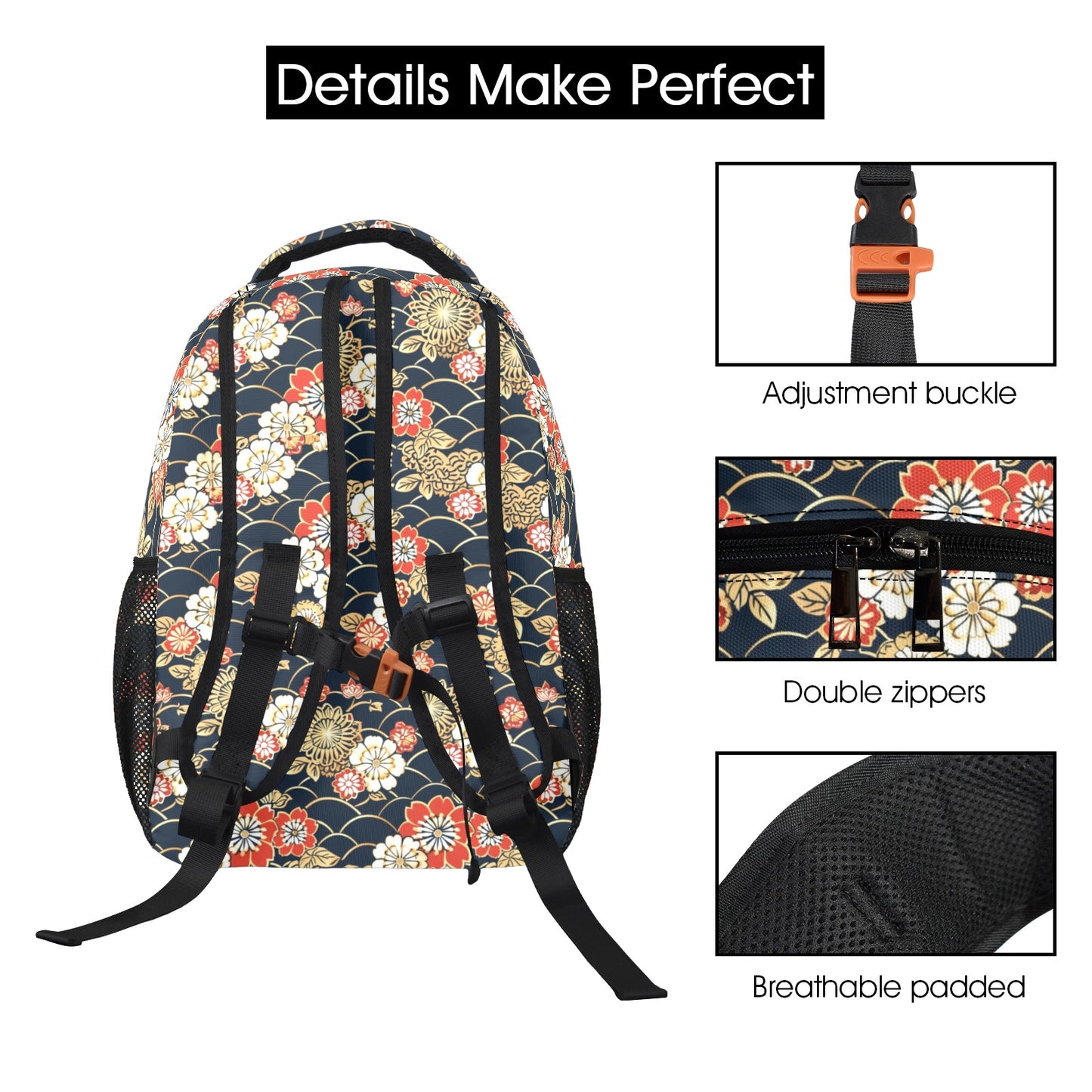 Japanese Backpack, Asian Floral flowers Men Women Kids Gift School College Cool Waterproof Side Pockets Laptop Designer Aesthetic Bag