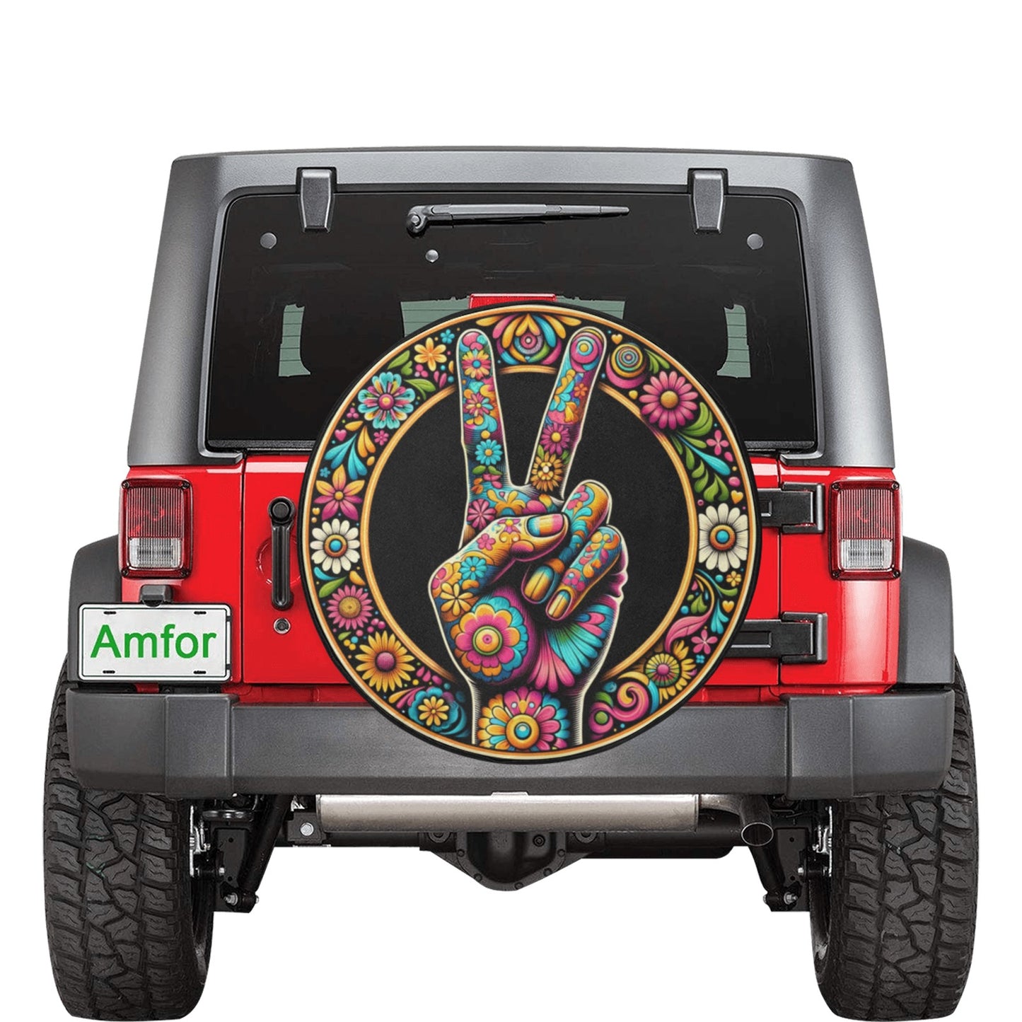 Peace Hand Sign Spare Tire Cover, 70s Flower Floral Power Hippie Black Wheel Auto Back Up Camera Hole Unique Design Women Spare RV Trailer