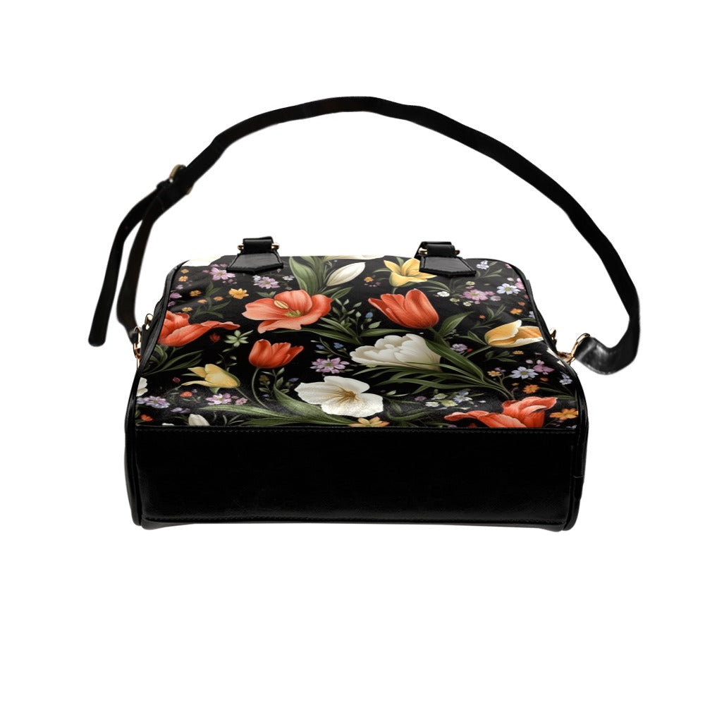 Floral Purse, Wild Flowers Yellow Red White Retro Pattern Cute Small Shoulder Zip Bag Vegan Leather Women Designer Handbag Crossbody Ladies