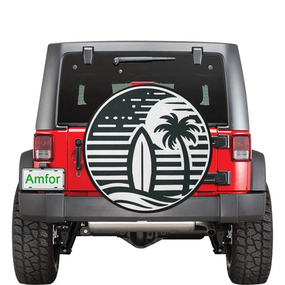 Surfboard Sun Palm Trees Spare Tire Cover, Wheel Tropical Custom Unique Car Accessory Beach Back Up Camera Hole Men Women Girls Camper RV