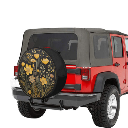 Yellow Flowers Spare Tire Cover, Faux Embroidery Printed Floral Wheel Accessories Unique Design Backup Camera Hole Trailer Back Women RV