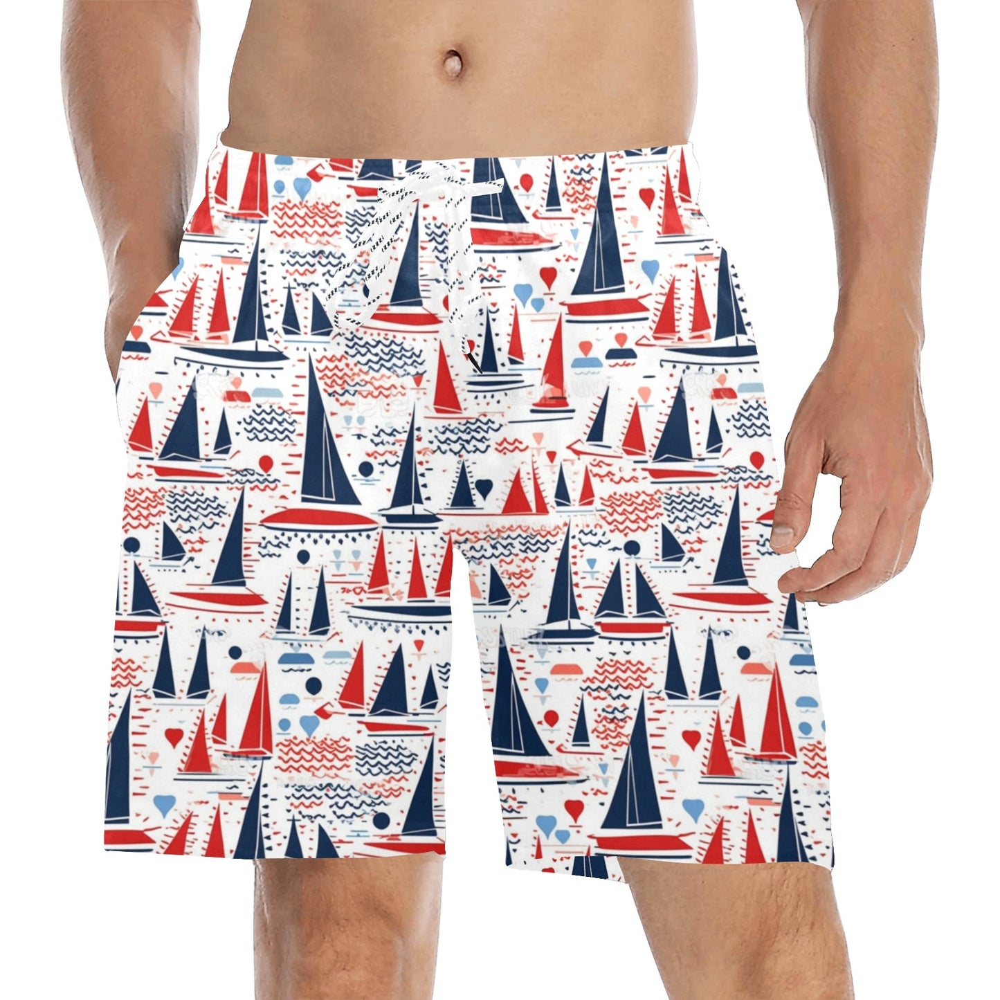 Sail Boats Men Swim Trunks, Red White Blue American Flag Nautical Shorts USA Patriotic Pockets Mesh Drawstring 4th of July Bathing Suit Guys