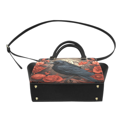 Raven Flowers Purse Handbag, Red Black Bird Gothic Botanical Floral Vegan Leather Designer Women Satchel Top Zip Handle Bag Shoulder Strap