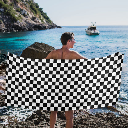 Checkered Oversized Beach Towel, Black White Check Checkerboard Pool Microfiber Large Swim Quick Dry Designer Men Women XL Cotton