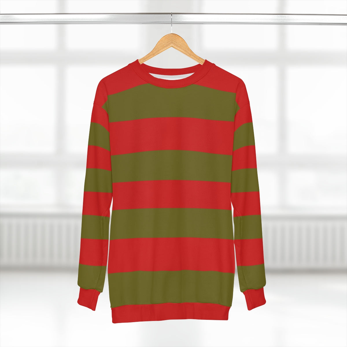 Red and store green sweatshirt