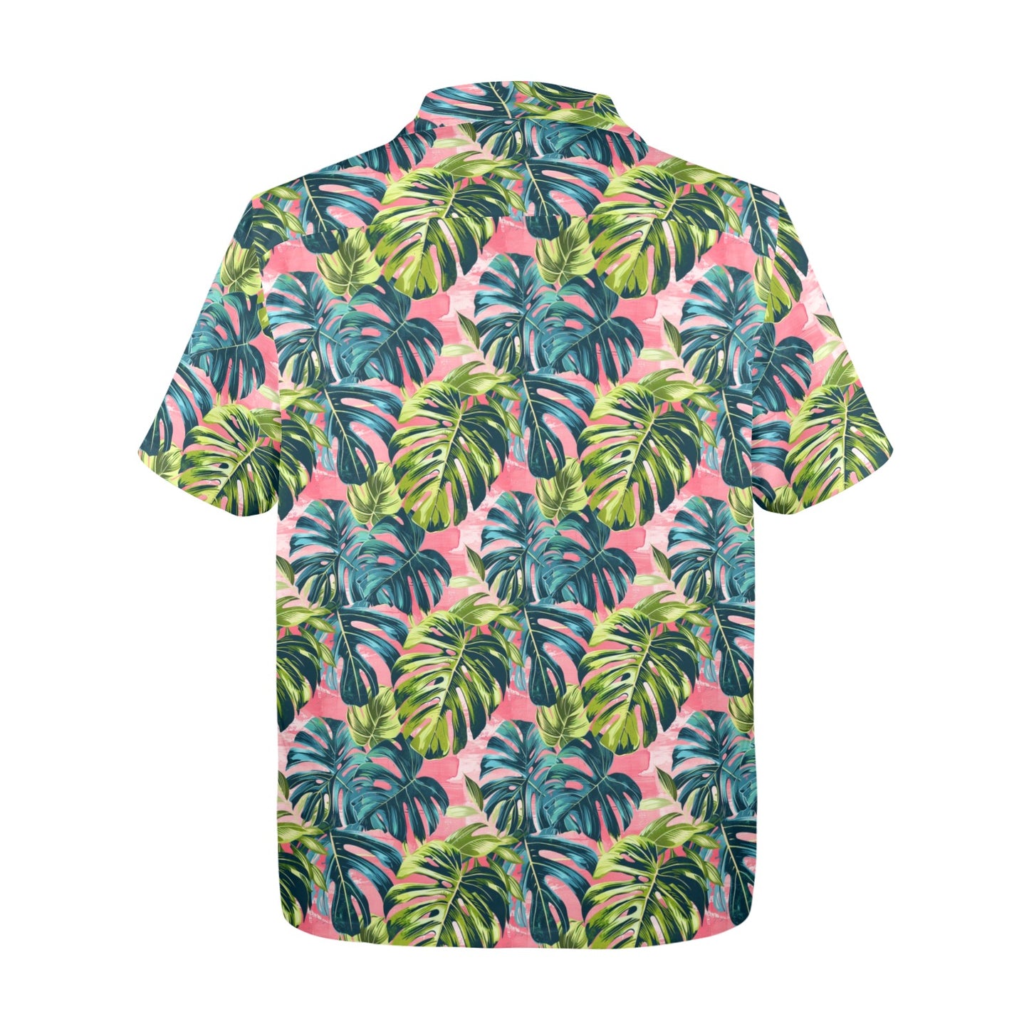 Pink Tropical Men Hawaiian shirt, Green Monstera Leaf Vintage Aloha Hawaii Retro Summer Tropical Beach Plus Size Pocket Guys Button Down