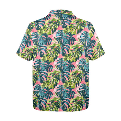 Pink Tropical Men Hawaiian shirt, Green Monstera Leaf Vintage Aloha Hawaii Retro Summer Tropical Beach Plus Size Pocket Guys Button Down