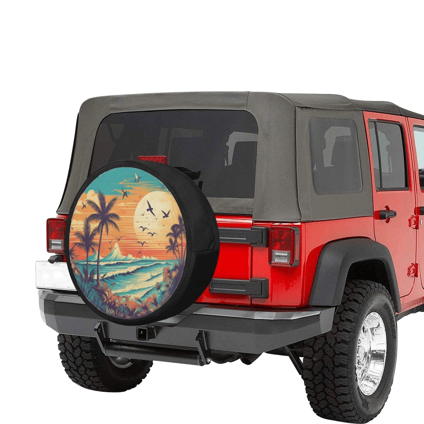 Beach Spare Tire Cover, Sunset Backup Camera Hole Rear Wheel Accessories Sun Tropical Palm Trees Custom Unique Design Trailer Camper RV Back