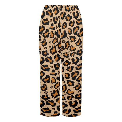 Leopard Print Women Pajamas Pants, Cheetah Animal Brown Pattern Satin PJ Funny Pockets Trousers Couples Matching Ladies Trousers Bottoms