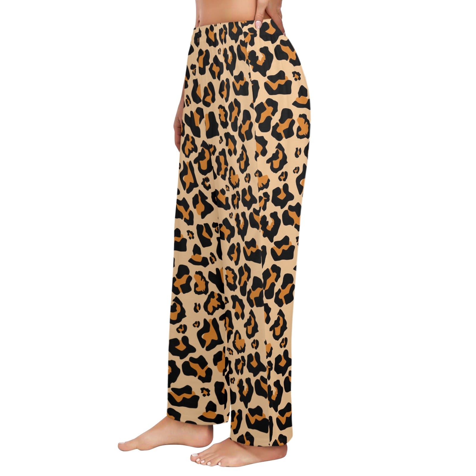 Leopard Print Women Pajamas Pants, Cheetah Animal Brown Pattern Satin PJ  Funny Pockets Trousers Couples Matching Ladies Trousers Bottoms