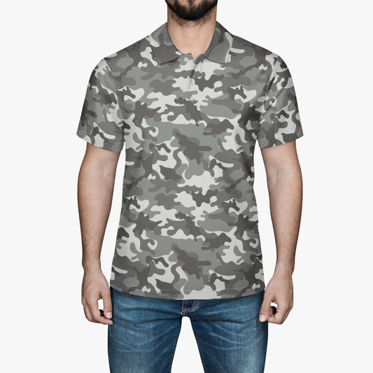 Gray Camo Men Polo Shirt, Camouflage Casual Summer Buttoned Down Up Collared Short Sleeve Sports Golf Tee Top Starcove Fashion