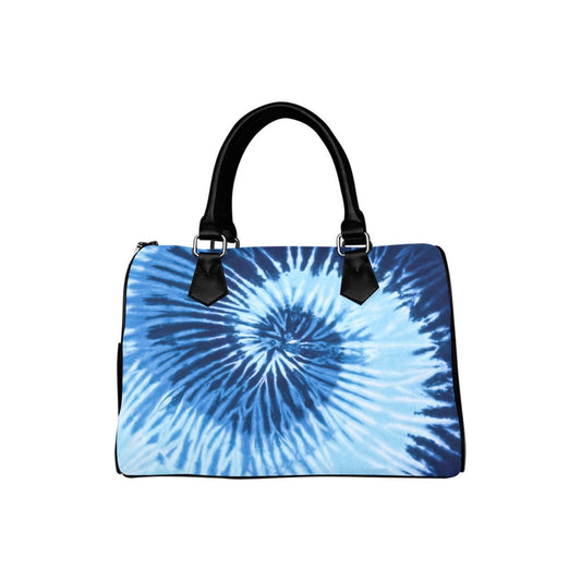 Tie Dye Top Handle Purse, Blue Swirl Art Print Handbag Canvas Vegan Leather Boston Barrel Type Designer Bag Ladies Gift