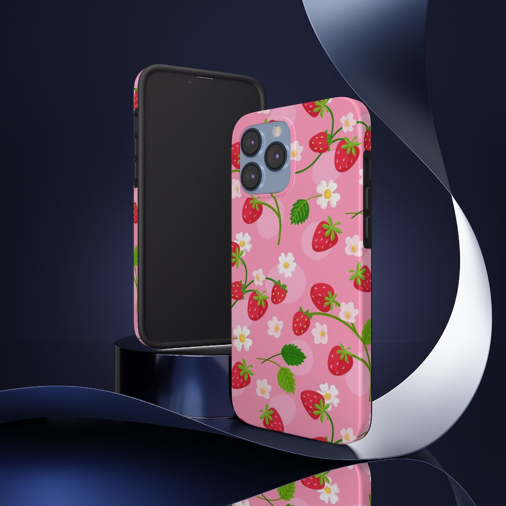 Strawberry iPhone 13 Pro Max Tough Case Mate, Pink Flowers Kawaii