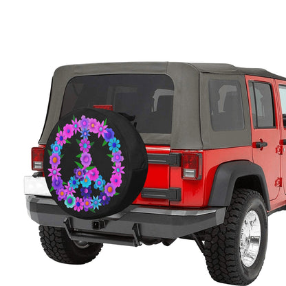 Peace Sign Spare Tire Cover, Pink Purple Flowers Floral Hippie Black Wheel Auto Back Up Camera Hole Unique Design Women Back RV Trailer