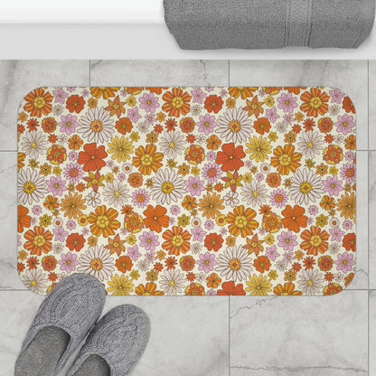 Floral Bath Mat, Groovy Pink Flowers Retro 70s Cute Shower Bathroom Non Slip Floor Memory Foam Microfiber Large Small Washable Rug Starcove Fashion