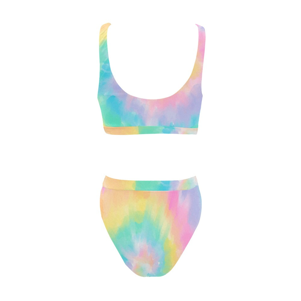 Rainbow Tie Dye Bikini Set, Pastel Sport High Waisted Bikini