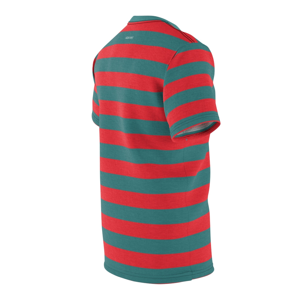 Green and Red striped Men T Shirt, Vintage Horizontal Stripes 90s Unisex  Designer Crewneck Short Sleeve Tee Gifts