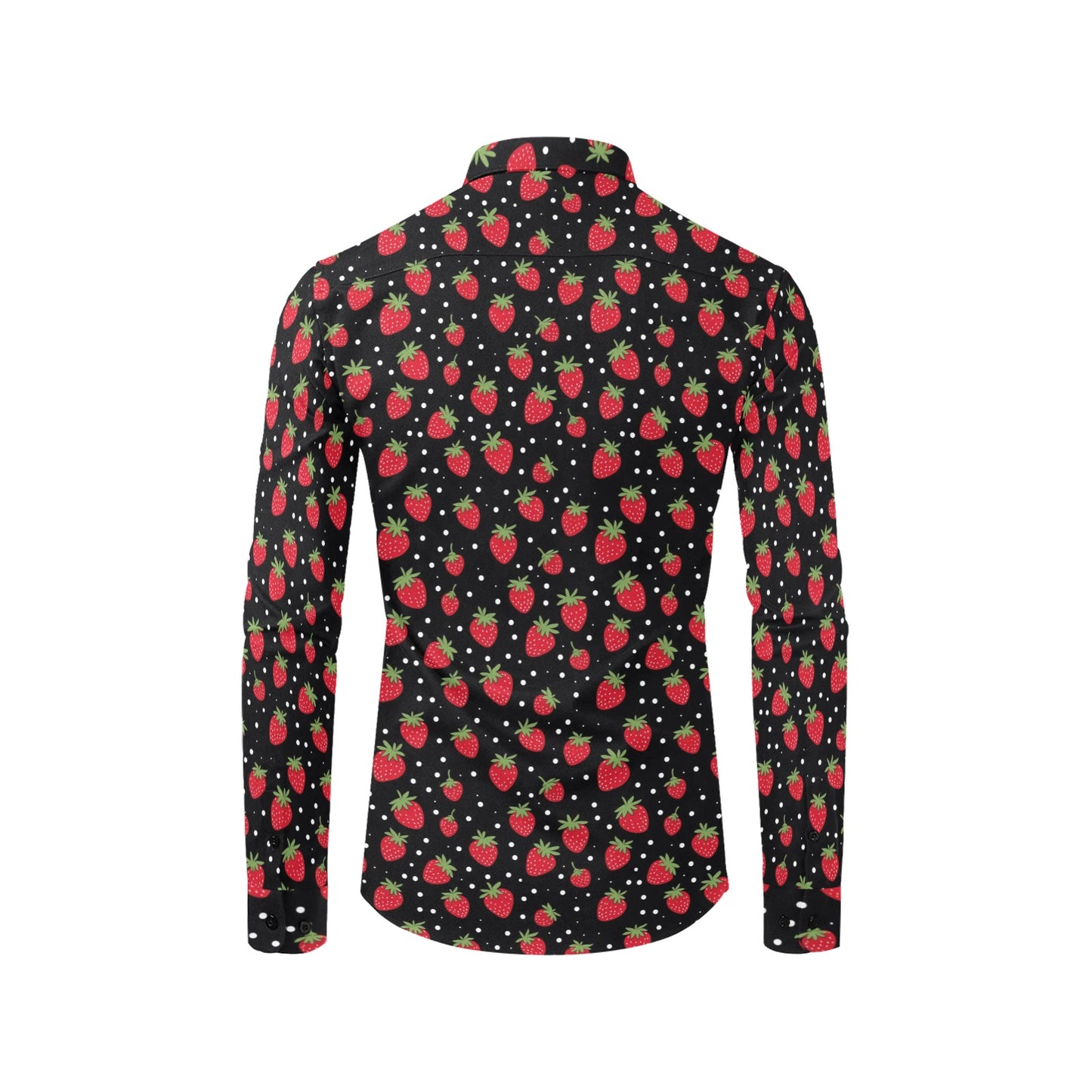 Strawberry Long Sleeve Men Button Up Shirt, Red Black Summer Fruit Print Casual Guys Male Buttoned Collar Dress Shirt with Chest Pocket