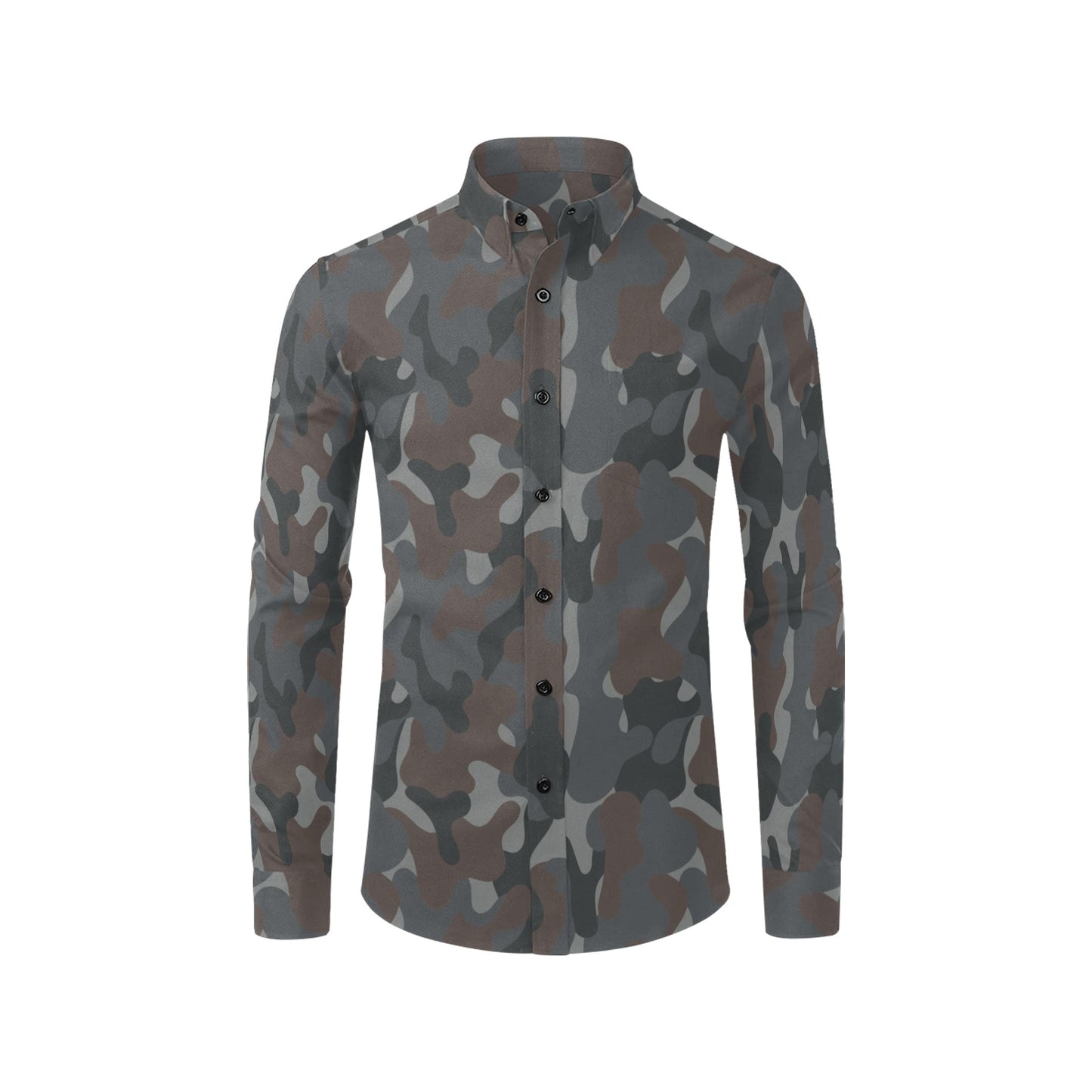 Camouflage Long Sleeve Men Button Up Shirt, Grey Brown Camo Print Buttoned Collared Casual Dress Shirt with Chest Pocket Guys