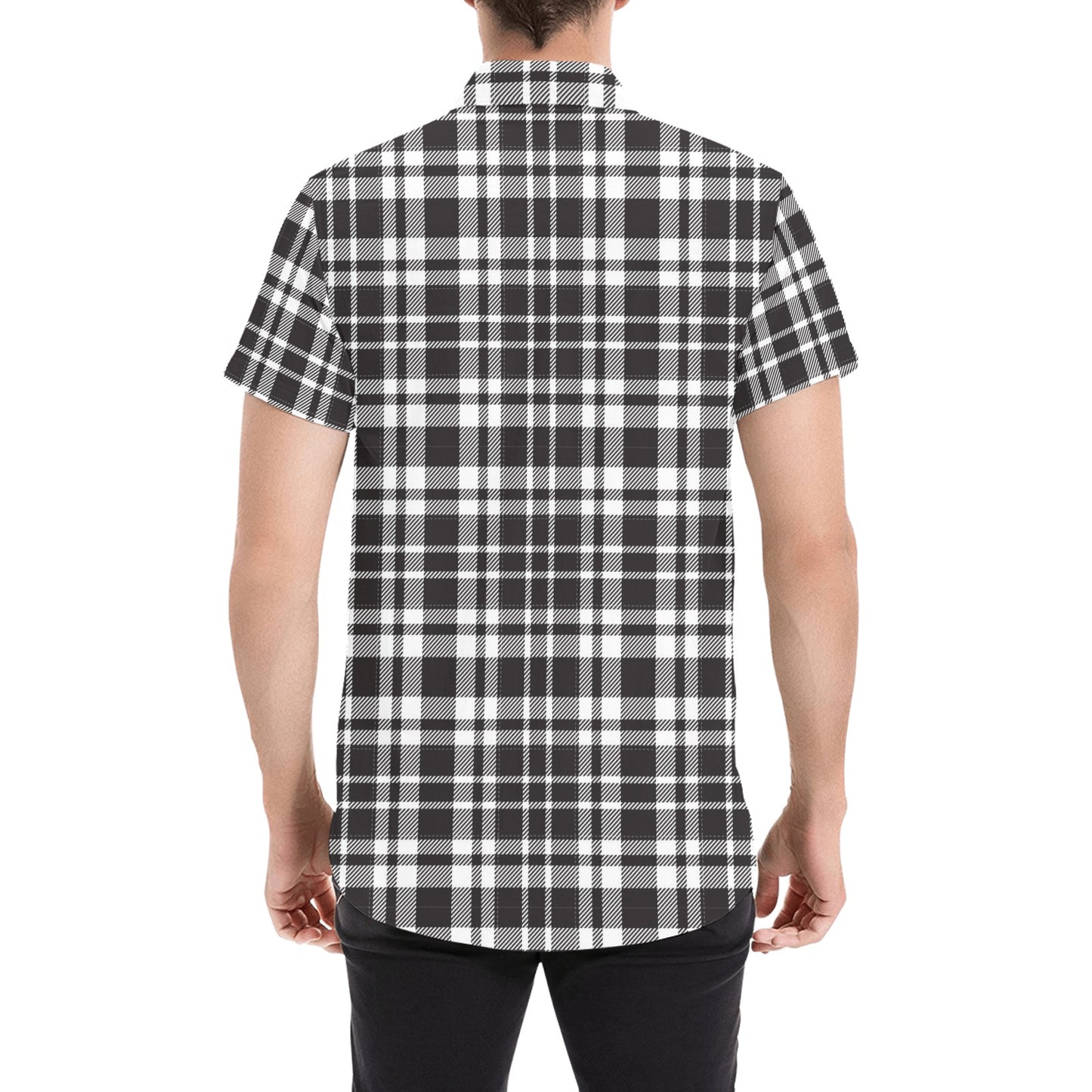 Plaid Short Sleeve Men Button Up Shirt, Black White Checkered Check Print Casual Buttoned Down Summer Dress Shirt Gift Husband