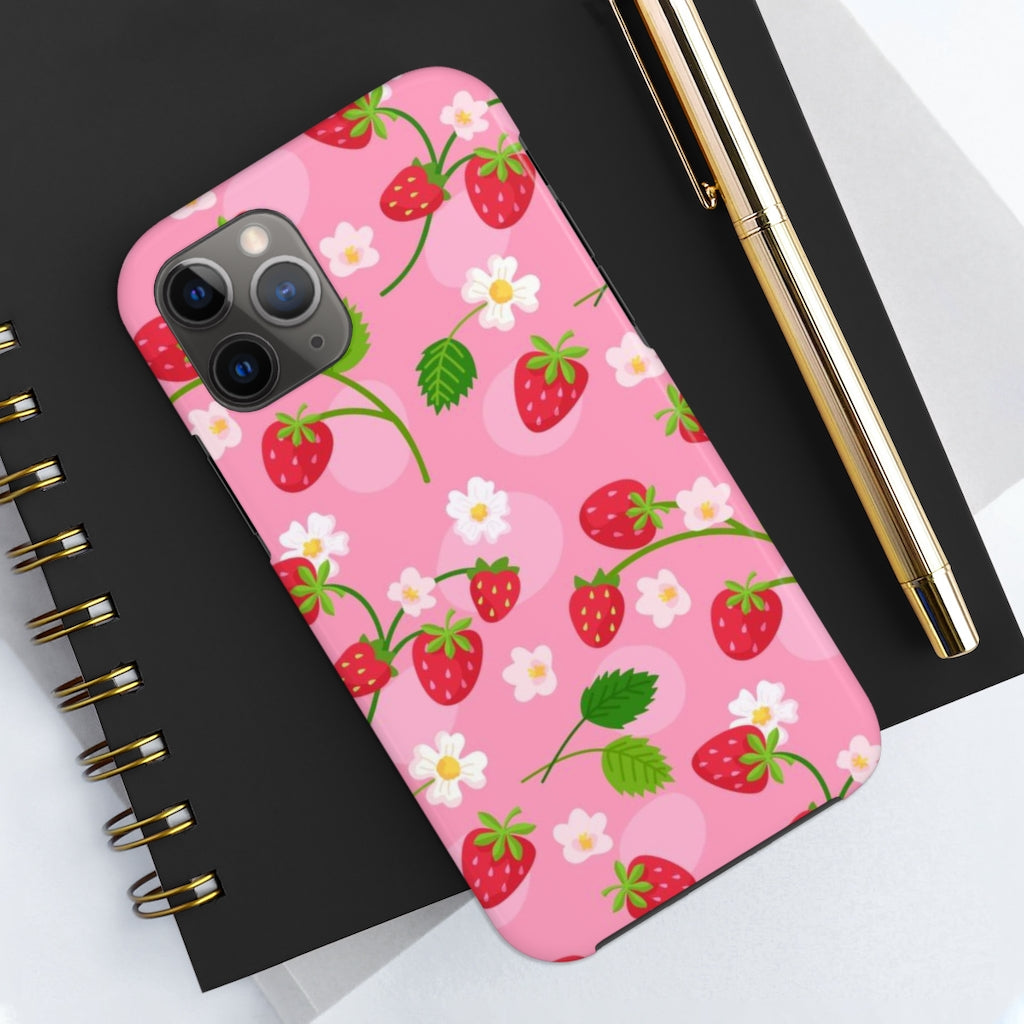 Strawberry iPhone 13 Pro Max Tough Case Mate, Pink Flowers Kawaii