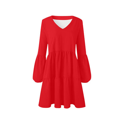 Red Flowy Gauze Dress Women, Retro Boho Bohemian Vintage Beach Summer V Neck Festival Casual Mini Long Sleeve Starcove Fashion