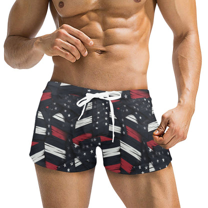 Black American Flag Men Swim Trunks Sexy, Red White Blue Navy Stars Stripes Shorts Zipper Pockets Mesh Drawstring Bathing Suit Bikini Briefs