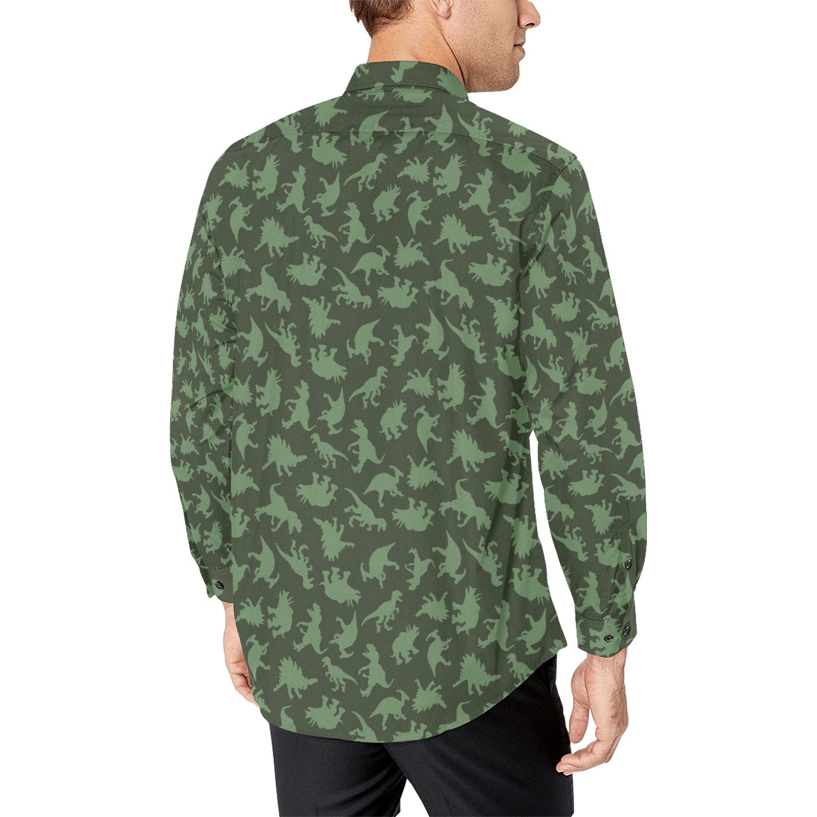 Dinosaurs Long Sleeve Men Button Up Shirt, Dino Green Print Buttoned Collar Casual Shirt with Chest Pocket Starcove Fashion