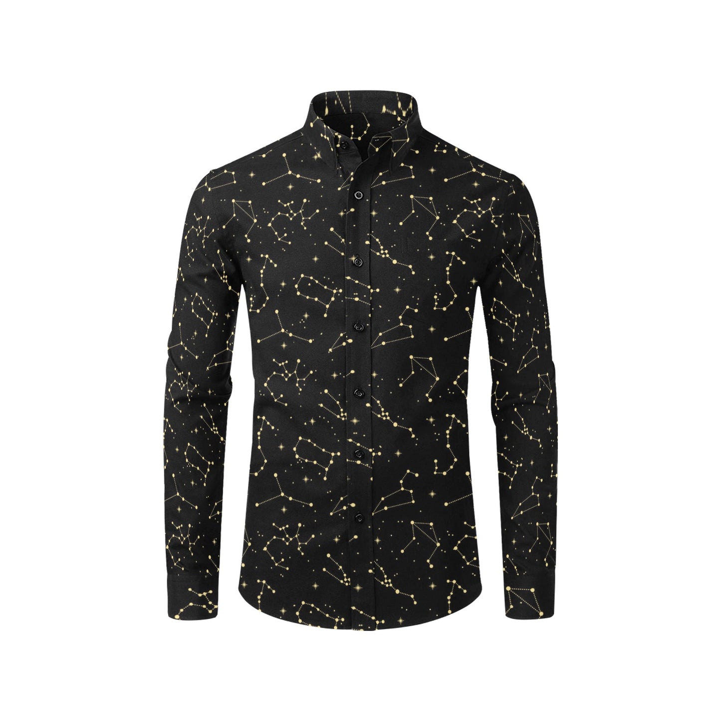 Black Constellation Space Long Sleeve Men Button Up Shirt, Universe Galaxy Gold Stars Print Buttoned Guys Collared Casual Dress Chest Pocket