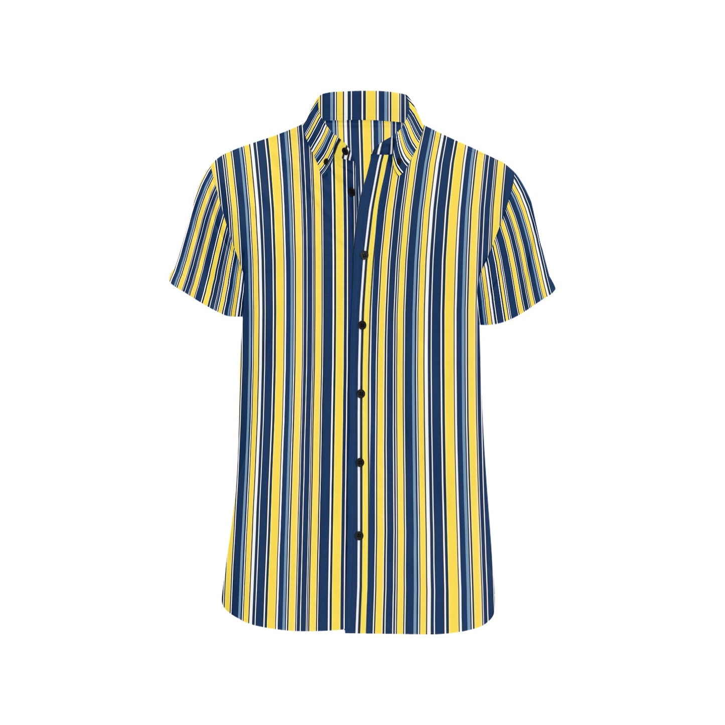 Blue and Yellow Short Sleeve Men Button Down Shirt, Vertical Stripes Vintage Retro Print Casual Buttoned Summer Dress Collared Shirt