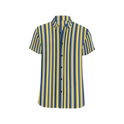 Blue and Yellow Short Sleeve Men Button Down Shirt, Vertical Stripes Vintage Retro Print Casual Buttoned Summer Dress Collared Shirt