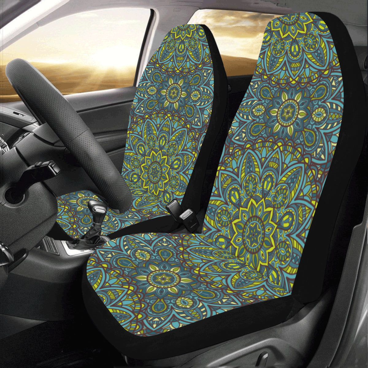 Mandala Boho Car Seat Covers 2 pc, Green Tribal Indian Pattern Bohemian Oriental Aztec Art Front Covers SUV Seat Protector Accessory Decor Starcove Fashion