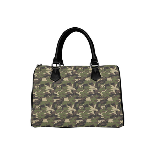 Camo Print Purse Handbag Women, Camouflage Army Green Fatigue Canvas Leather Top Handle Boston Barrel Type Designer Accessory Ladies Bag