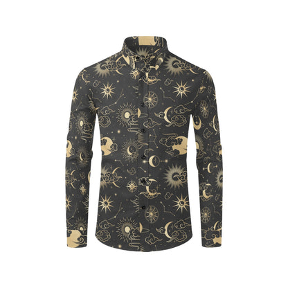 Moon Sun Long Sleeve Men Button Up Shirt, Space Stars Universe Constellation Print Buttoned Collared Dress Shirt with Chest Pocket Starcove Fashion