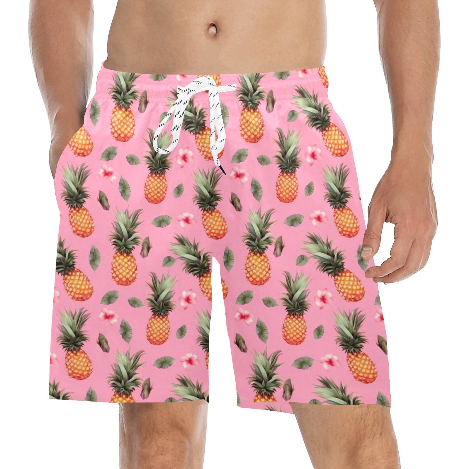 Pink Pineapple Men Swim Trunks, Tropical Mid Length Shorts Beach Surf Swimwear Front Back Pockets Mesh Lining Drawstring Bathing Suit Starcove Fashion