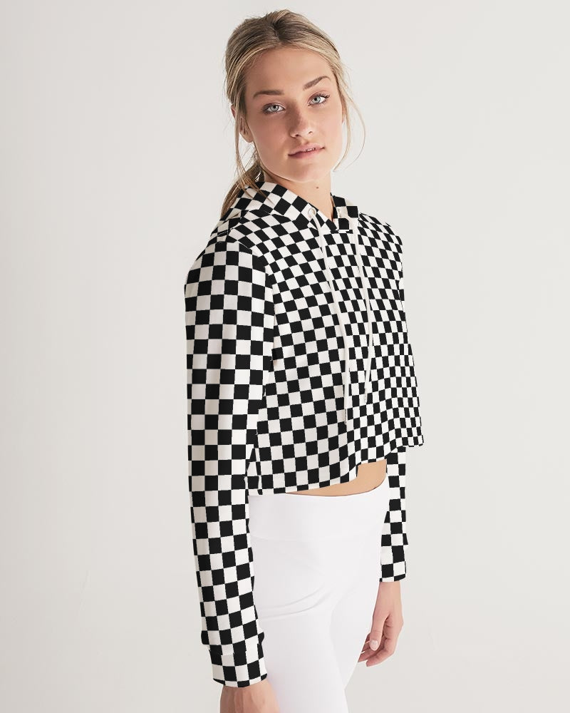 Black White Checkered Women Cropped Hoodie, Racing Check Ladies Aesthetic Graphic Hooded Pullover Sweatshirt Crop Jumper Top