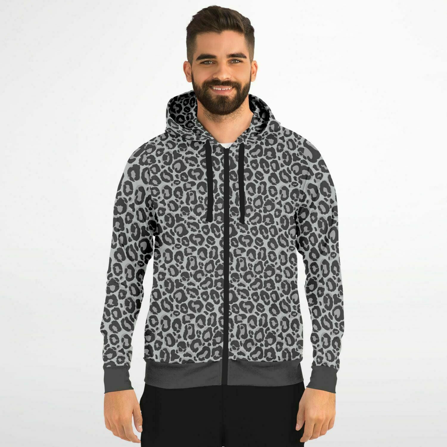 Grey Leopard Zip Up Hoodie, Animal Print Front Zipper Pocket Men Women  Unisex Adult Aesthetic Cotton Fleece Hooded Sweatshirt