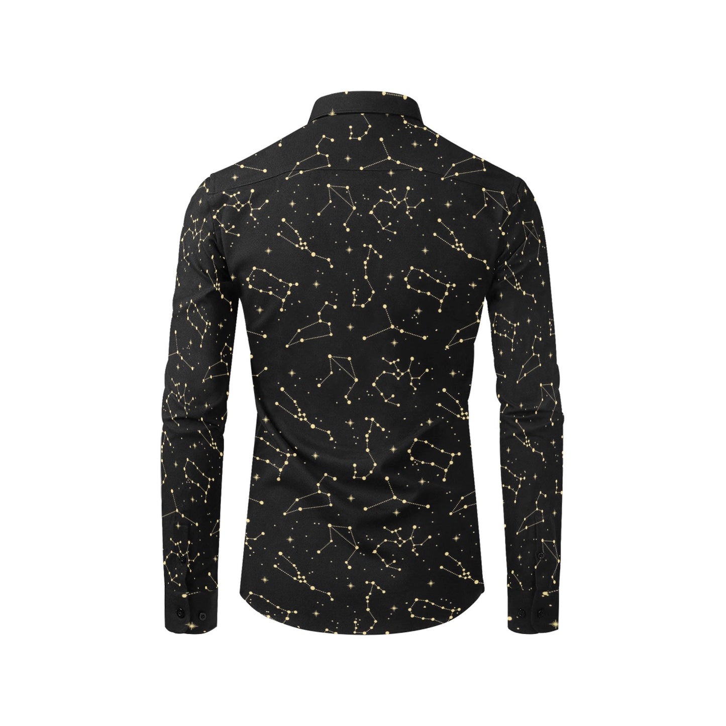 Black Constellation Space Long Sleeve Men Button Up Shirt, Universe Galaxy Gold Stars Print Buttoned Guys Collared Casual Dress Chest Pocket