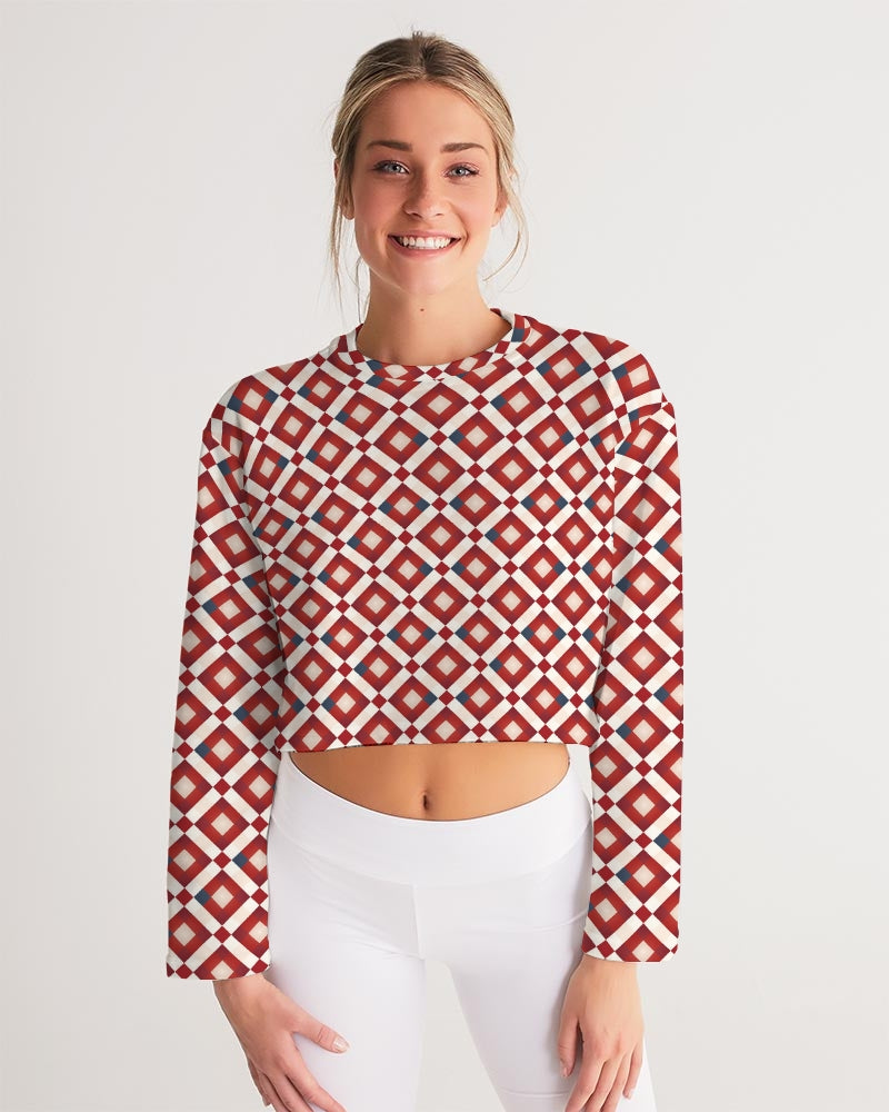 Red White Checkered Women Cropped Sweatshirt, Geometric Check Ladies Graphic Crewneck Crop Sweater Jumper Pullover Aesthetic Top