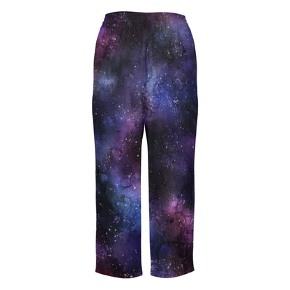 Space Galaxy Women Pajamas Pants, Universe Purple Cosmos Satin PJ Funny Pockets Trousers Couples Matching Ladies Trousers Bottoms