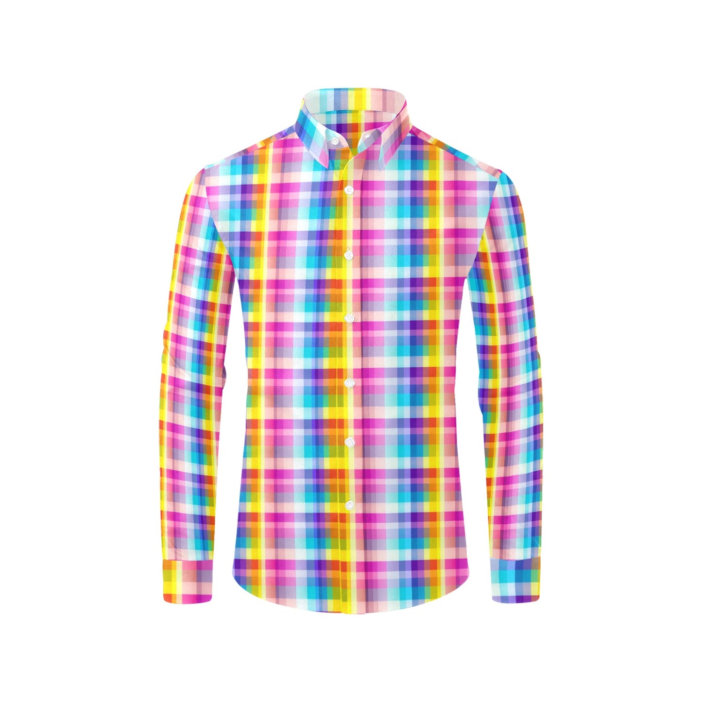 Rainbow Check Long Sleeve Men Button Up Shirt, Checkered Plaid Print Buttoned Collared Casual Dress Shirt with Chest Pocket