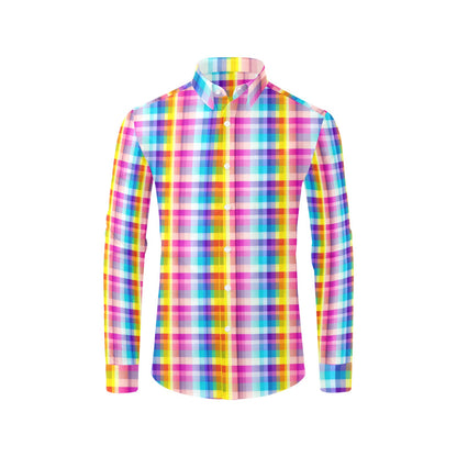 Rainbow Check Long Sleeve Men Button Up Shirt, Checkered Plaid Print Buttoned Collared Casual Dress Shirt with Chest Pocket